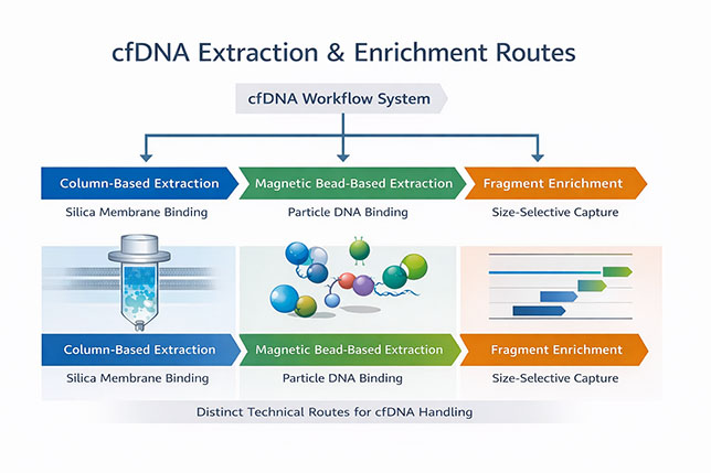 Sistema de flujos de trabajo de cfDNA de Magen que muestra rutas de extracción basada en columnas, extracción con perlas magnéticas y enriquecimiento de fragmentos